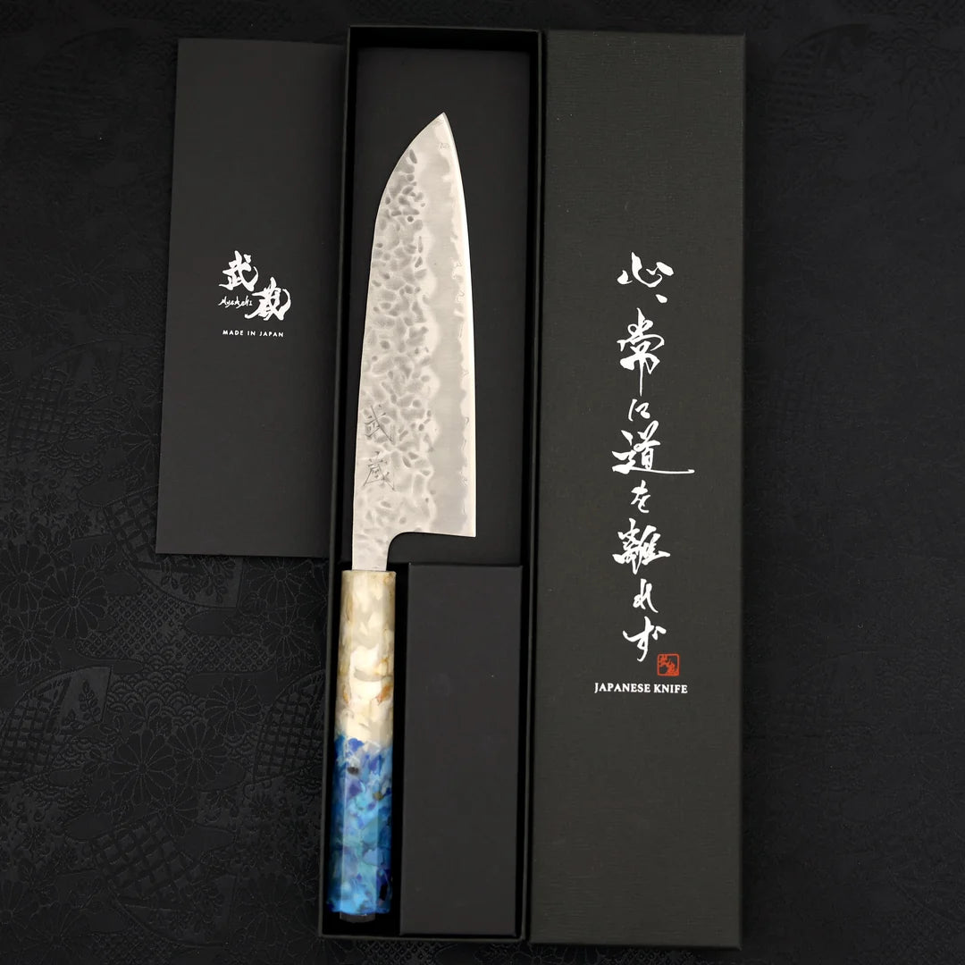 Santoku White steel #1 Stainless Clad Tsuchime Ocean White Blue Handle 165mm