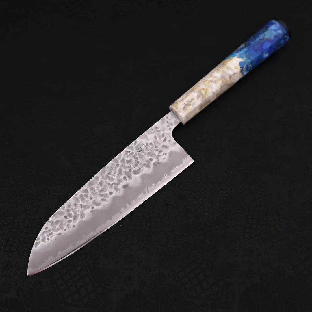 Santoku White steel #1 Stainless Clad Tsuchime Ocean White Blue Handle 165mm