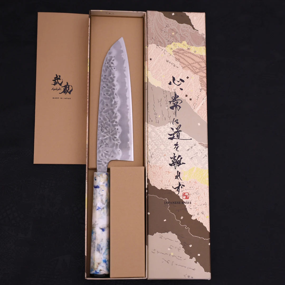 Santoku White steel #1 Stainless Clad Tsuchime Ocean White Mix Handle 165mm